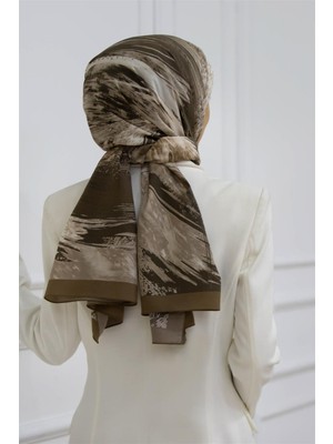 Vissona Lüks Medine Ipeği Fırça Desenli Vizon Renkli 75X195 Kırışmaz Şal Moss Krep Dikiş Tipi Italyan Dikişli