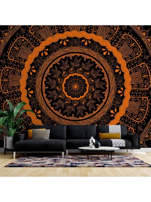 Turuncu Siyah Franktal Mandala Etnik Motif Duvar Kağıdı