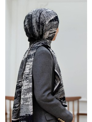 Vissona Lüks Medine Ipeği Fırça Desenli Siyah Renkli 75X195 Kırışmaz Şal Moss Krep Dikiş Tipi Italyan Dikişli