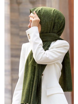 Vissona Lüks Medine Ipeği Doku Desenli Haki  Renkli 75X195 Kırışmaz Şal Moss Krep Dikiş Tipi Italyan Dikişli