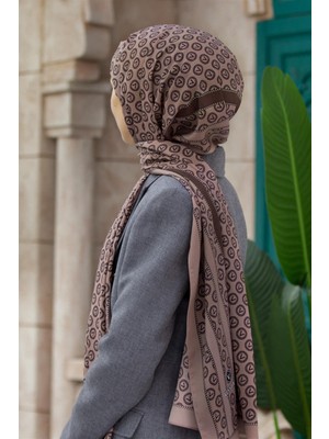 Vissona Lüks Medine Ipeği Degradeli Monogram Desenli Vizon Renkli 75X195 Kırışmaz Şal Moss Krep Dikiş Tipi Italyan Dikişli