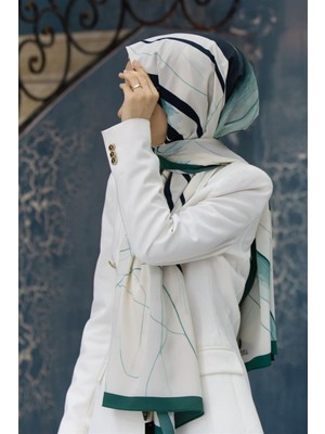 Vissona Lüks Medine Ipeği Çizgi Desenli Petrol Yeşili Renkli 75X195 Kırışmaz Şal Moss Krep Dikiş Tipi Italyan Dikişli