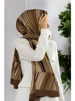 Vissona Lüks Medine Ipeği Çizgili Desenli Vizon Renkli 75X195 Kırışmaz Şal Moss Krep Dikiş Tipi Italyan Dikişli