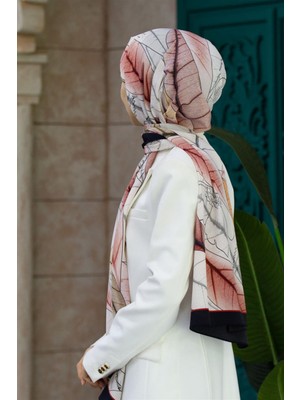 Vissona Lüks Medine Ipeği Yaprak Desenli Kırmızı Renkli 75X195 Kırışmaz Şal Moss Krep Dikiş Tipi Italyan Dikişli