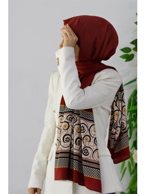 Vissona Lüks Medine Ipeği Kenar Motifi Çiçek Desenli Bordo Renkli 75X195 Kırışmaz Şal Moss Krep Dikiş Tipi Italyan Dikişli