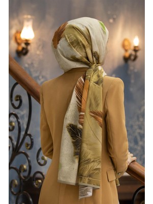 Vissona Lüks Medine Ipeği Yaprak Desenli Bej Renkli 75X195 Kırışmaz Şal Moss Krep Dikiş Tipi Italyan Dikişli