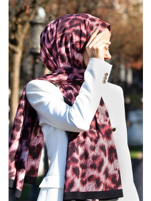 Vissona Lüks Medine Ipeği Leopar Desenli Bordo - Siyah Renkli 75X195 Kırışmaz Şal Moss Krep Dikiş Tipi Italyan Dikişli