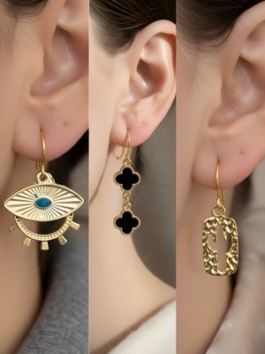 NKT Collection Kaktüs Siyah Yonca Göz Sembol Figürlü 3’lü Kadın Küpe Set