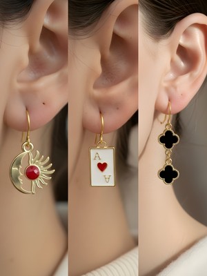 NKT Collection Siyah Yonca Kupa As Ay Güneş Sembol Figürlü 3’lü Kadın Küpe Set