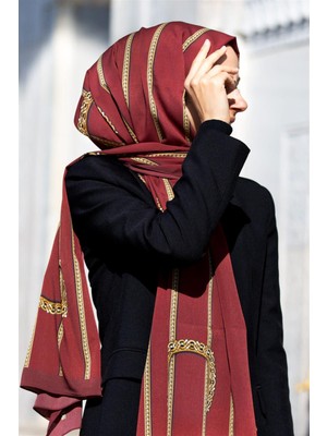 Vissona Lüks Medine Ipeği Zincir Desenli Bordo Renkli 75X195 Kırışmaz Şal Moss Krep Dikiş Tipi Italyan Dikişli