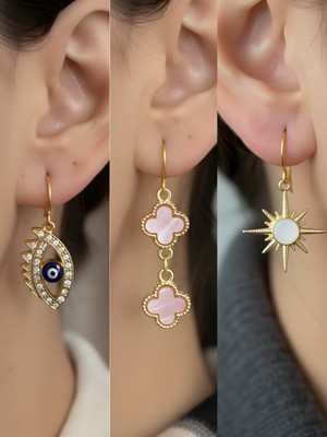 NKT Collection Beyaz Kutup Yıldızı Pembe Yonca Nazar Göz Sembol Figürlü 3’lü Kadın Küpe Set