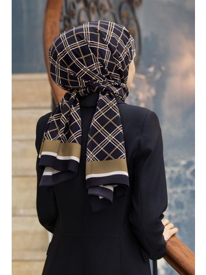 Vissona Lüks Medine Ipeği Ekose Desenli Siyah - Vizon Renkli 75X195 Kırışmaz Şal Moss Krep Dikiş Tipi Italyan Dikişli
