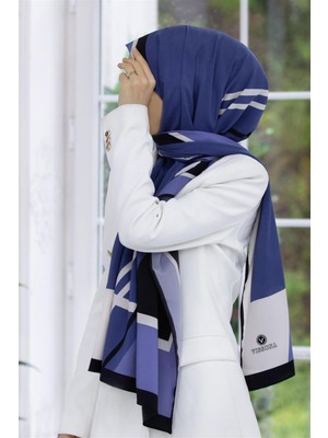 Vissona Lüks Medine Ipeği Geometrık Desenli Indigo Renkli 75X195 Kırışmaz Şal Moss Krep Dikiş Tipi Italyan Dikişli