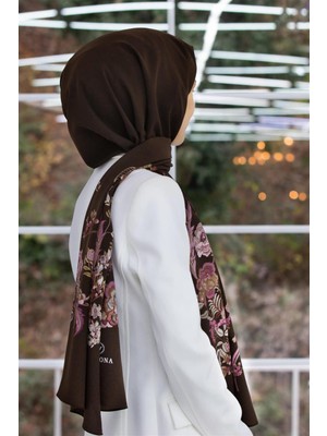 Vissona Lüks Medine Ipeği Nakış Çiçek Desenli Kahverengi Renkli 75X195 Kırışmaz Şal Moss Krep Dikiş Tipi Italyan Dikişli