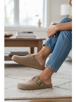 Twigy Tam Ortopedik Keçe Kadın Rahat ve Hafif Şık Bej Ev Terliği