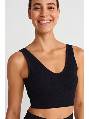 Dantel Görünümlü Pedli V Yaka Spor Sütyeni Siyah