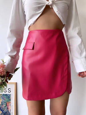 Virtustore Cep Detaylı Oval Kapaklı Deri Etek Fuşya H240048