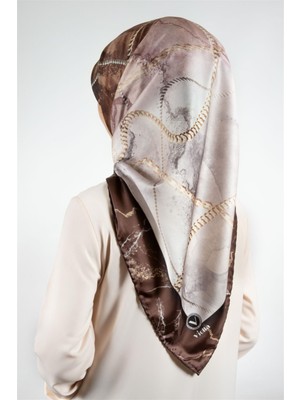Violla Twill Mermer ve Zincir Desenli Vizon Renkli 90X90 Eşarp (Ipek Içermez) Kenar Dikiş Şekli El Dikişli