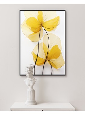 Rosa Art Metal Çerçeveli Gerçek Camlı Tablo |soyut, Minimalist Sarı Çiçek Temalı Tablo| Parlak Dokulu Çiçek