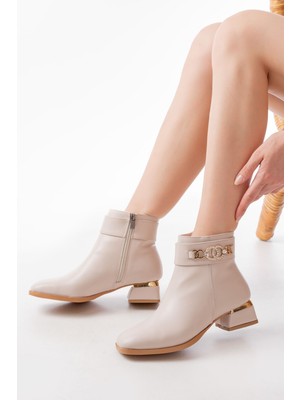 Zerenyus ZRİN-502 Premium Bej Toka Aksesuarlı Topuklu Günlük Kadın Bot