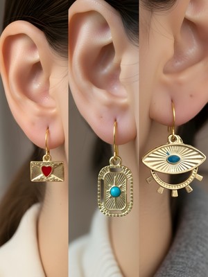 NKT Collection Göz Tablet Kutup Yıldızı Kalp Zarf Sembol Figürlü 3’lü Kadın Küpe Set