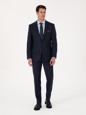 Cacharel Erkek Lacivert Slim Fit Yün Karışımlı Mikro Desenli Klasik Pantolon 50310020-VR033