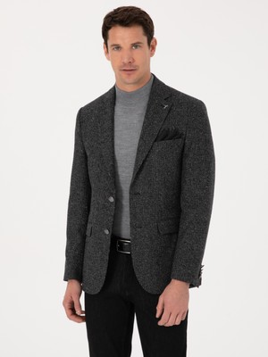 Cacharel Siyah Yün İpek Kaşmir Karışımlı Ceket Slim Fit Desenli 50310753 VR046