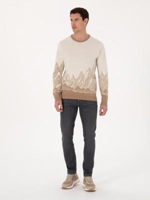 Cacharel Erkek Ekru Slim Fit %100 Pamuk Bisiklet Yaka Desenli Triko Kazak 50310562-VR019