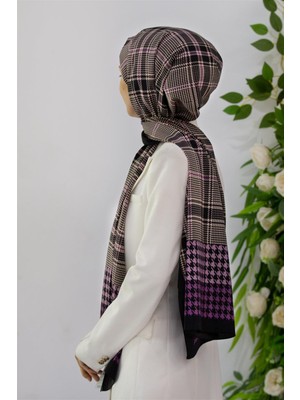 Vissona Lüks Medine Ipeği Ekoseli Kazayak Desenli Lila Renkli 75X195 Kırışmaz Şal Moss Krep Dikiş Tipi Italyan Dikişli