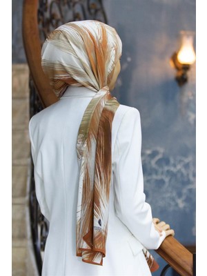 Vissona Lüks Medine Ipeği Geometrik Desenli Taba Renkli 75X195 Kırışmaz Şal Moss Krep Dikiş Tipi Italyan Dikişli