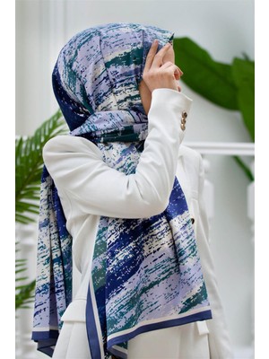 Vissona Lüks Medine Ipeği Fırça Desenli Indigo Renkli 75X195 Kırışmaz Şal Moss Krep Dikiş Tipi Italyan Dikişli