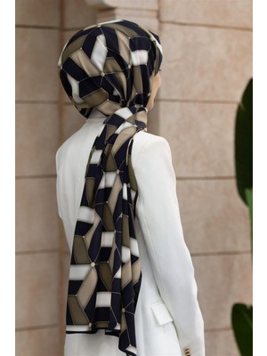 Vissona Lüks Medine Ipeği Geometrik Desenli Bej Renkli 75X195 Kırışmaz Şal Moss Krep Dikiş Tipi Italyan Dikişli