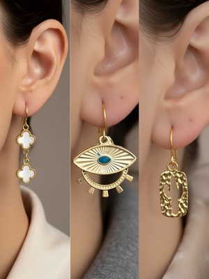 NKT Collection Kaktüs Göz Beyaz Yonca Sembol Figürlü 3’lü Kadın Küpe Set