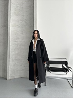 Kadın Oversize Astarlı Kaban Premium Kalite Kaşe Malzemeden Düz Siyah Casual Stil