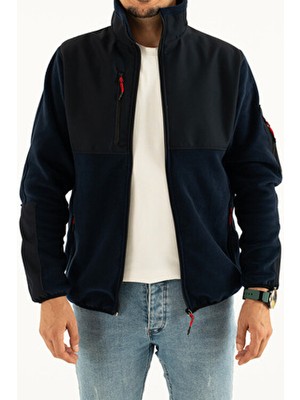 Souris Erkek Lacivert Dar Kalıp Tüylenme Yapmayan Tam Fermuar Softshell Garnili Polar Sweatshirt