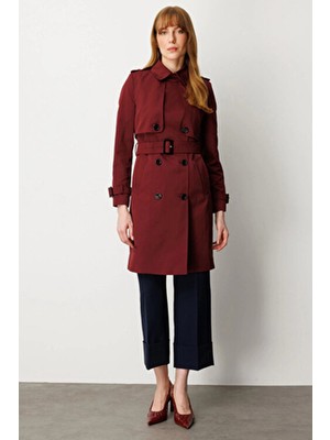 Ekol Apoletli Beli Kemerli Kadın Bordo Trençkot 07001