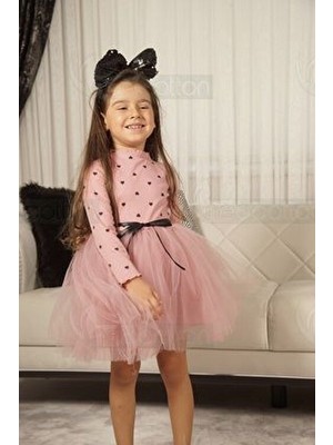 Neocotton Kız Bebek-Çocuk Uzun Kollu Doğum Günü ve Özel Günler Için Kalpli Tüllü Astarlı Elbise