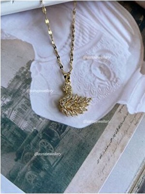 Asna Jewellery Kadın Beyaz Kuğulu Gold Çelik Kolye Zirkon Taşlı Özel Tasarım