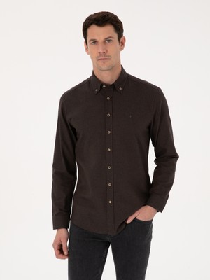 Cacharel Erkek Koyu Kahverengi Slim Fit %100 Pamuk Yakası Düğmeli Flanel Gömlek 50313122-VR084