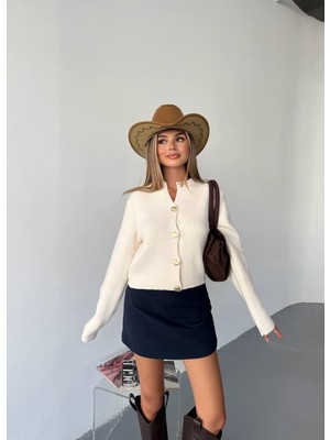 Kadın Gold Kalp Düğmeli Uzun Kollu Hırka