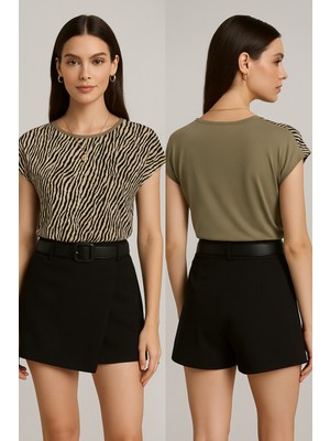 Rich Kadın Kahverengi Zebralı Desenli Bluz