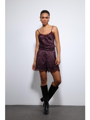 Antioch Bordo Dantel Detaylı Saten Şort