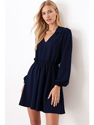 Armonika Kadın Lacivert Gömlek Yaka Detaylı Beli ve Kolu Lastikli Elbise ARM-26K001023