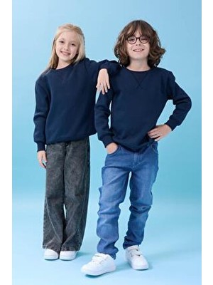 Perendi Unisex Basic Bisiklet Yaka Kışlık Sweatshirt - Lacivert Uzun Kollu Cepsiz Tasarım
