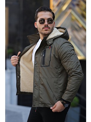 Fasion Erkek Içi Kürklü Kapüşonu Çıkarılabilir Kalın Su ve Soğuk Geçirmez Kışlık Mont Ceket