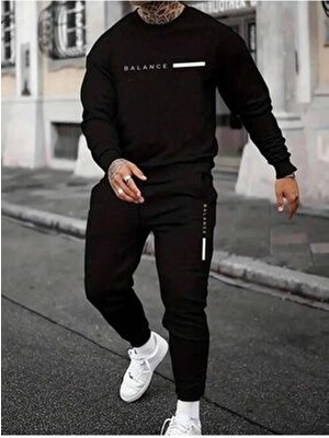 Saat Tekstil Erkek Siyah Pamuklu Oversize Eşofman Takım Uzun Kol Yazlık Konforlu Tasarım