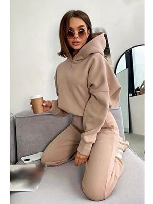 NO 601 Kadın Bej Kısa Crop Eşofman Takımı