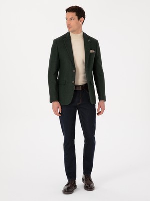 Cacharel Erkek Haki Slim Fit Yün Karışımlı Mikro Desenli Ceket 50310771-VR027
