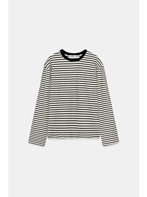 Açelya Okcu Premium Pamuklu Oversize Çizgili Uzun Kol Tişört