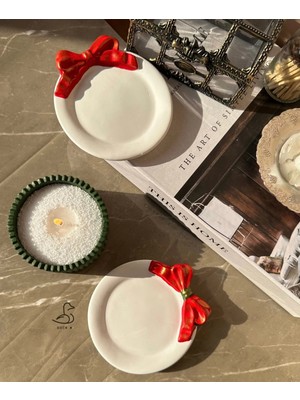 Yılbaşı Konsept Kurdele Görünümlü Dekor Tabak Inci Tozlu Mum Set 2’li